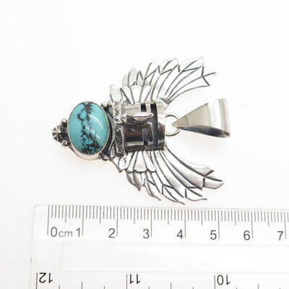 ROIE JAQUE NAVAJO Old Pawn 925 Sterling Silver Peacock Turquoise Eagle Pendant - Picture 3 of 6